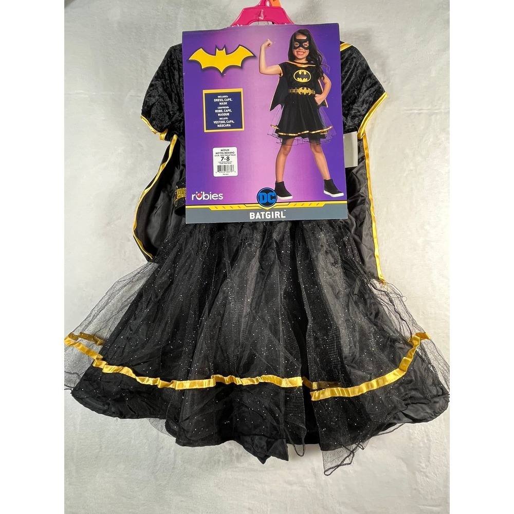 Rubies DC Comics Batgirl Costume Kids 7-8 Medium 3pc Dress Cape Mask Black Gold